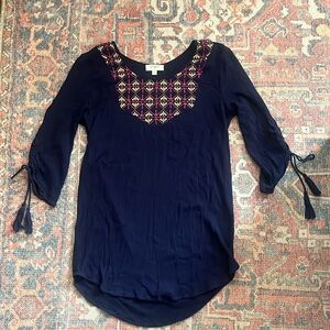 UMGEE Embroidered Geometric Print Boho Prairie Gauze Top Sz M